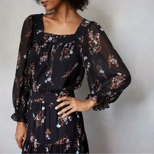 LC Lauren Conrad Black Floral Semi Sheer Puff Sleeve Square Neck Peasant Top L